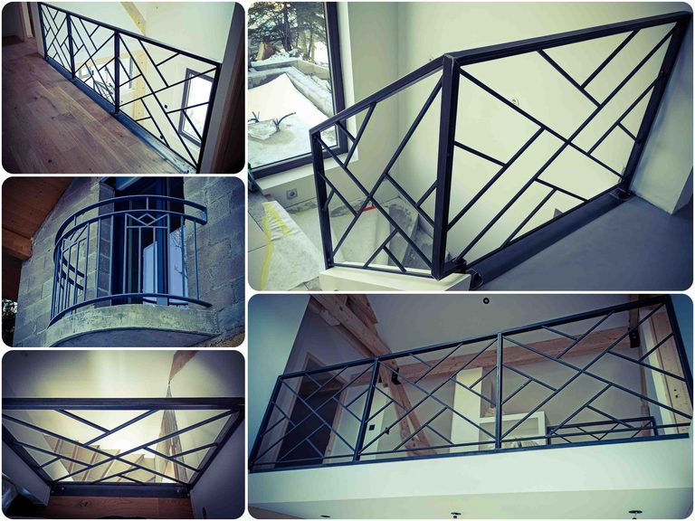 Montage des garde-corps en acier sur mesure réalisés par SEROM à Saint-Nizier-du-Moucherotte : mezzanine, escalier et balcon cintré.