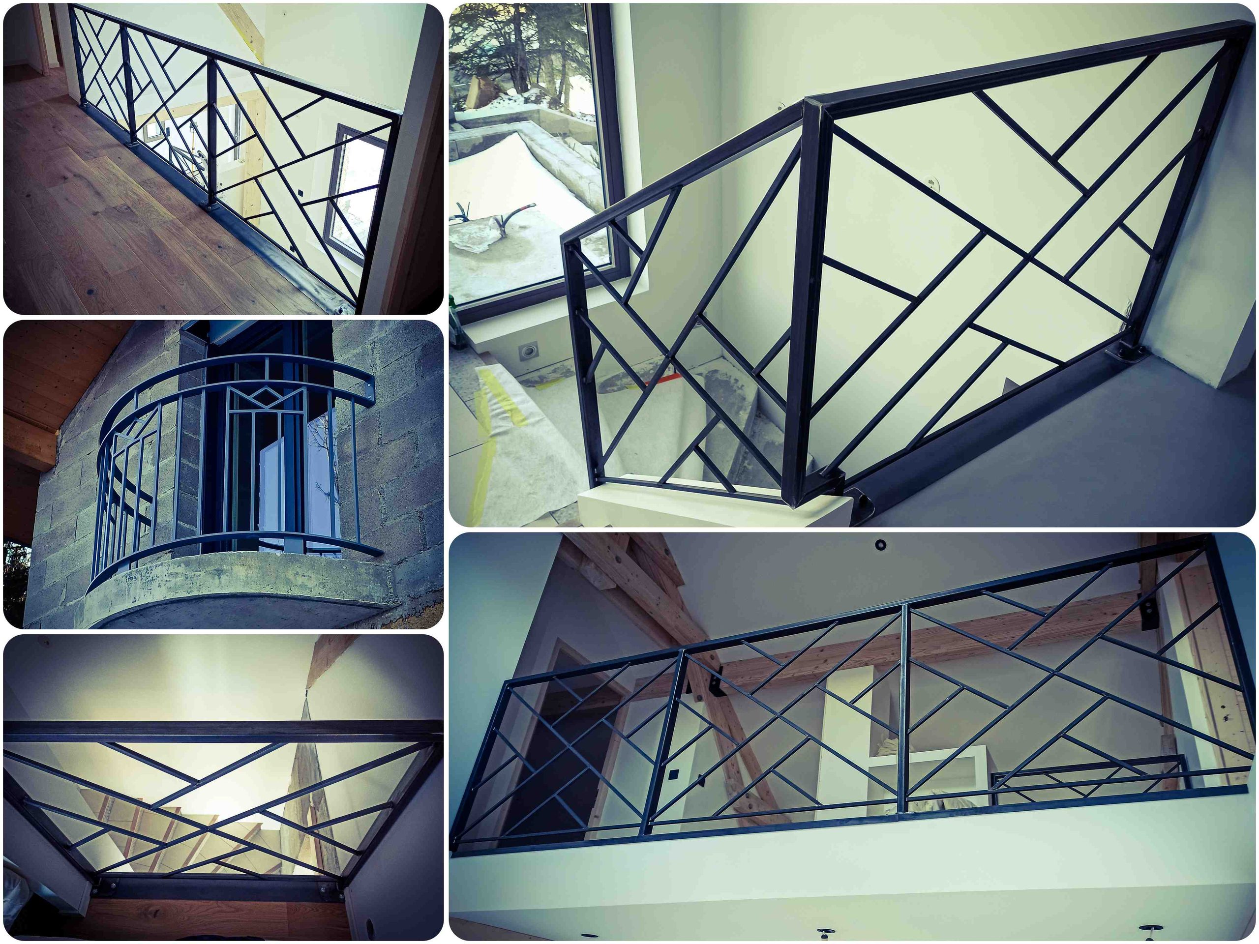 Montage des garde-corps en acier sur mesure réalisés par SEROM à Saint-Nizier-du-Moucherotte : mezzanine, escalier et balcon cintré.