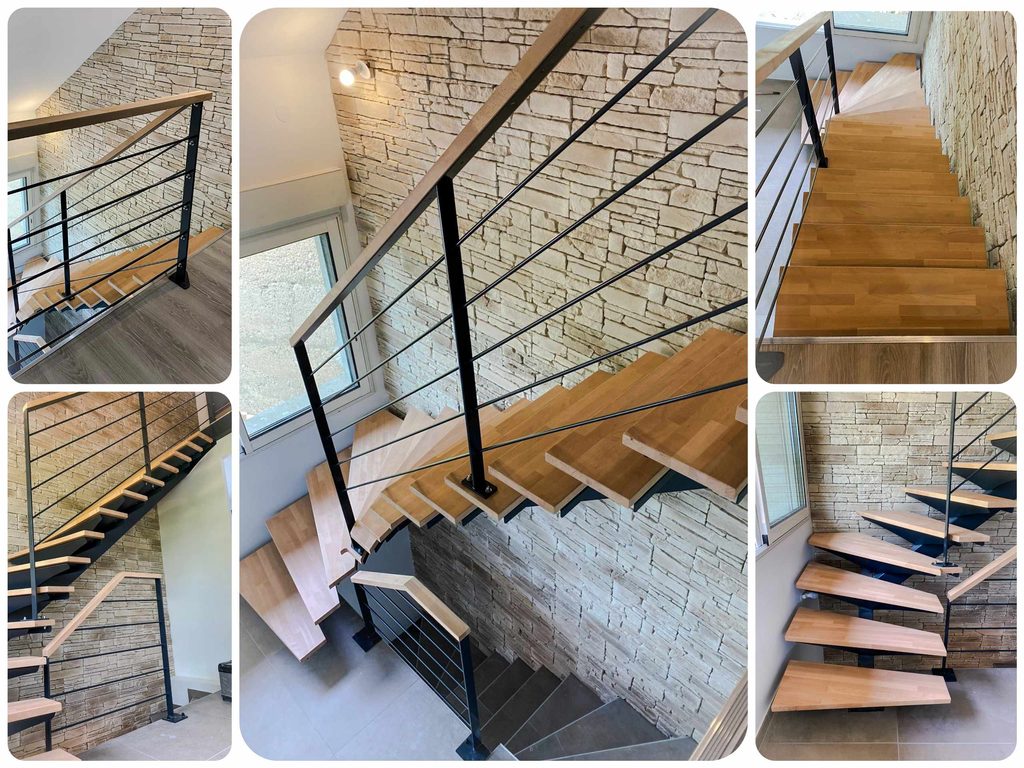 Escalier sur mesure à Grenoble : montage de vues du limon central noir, des marches en bois et des garde-corps.
