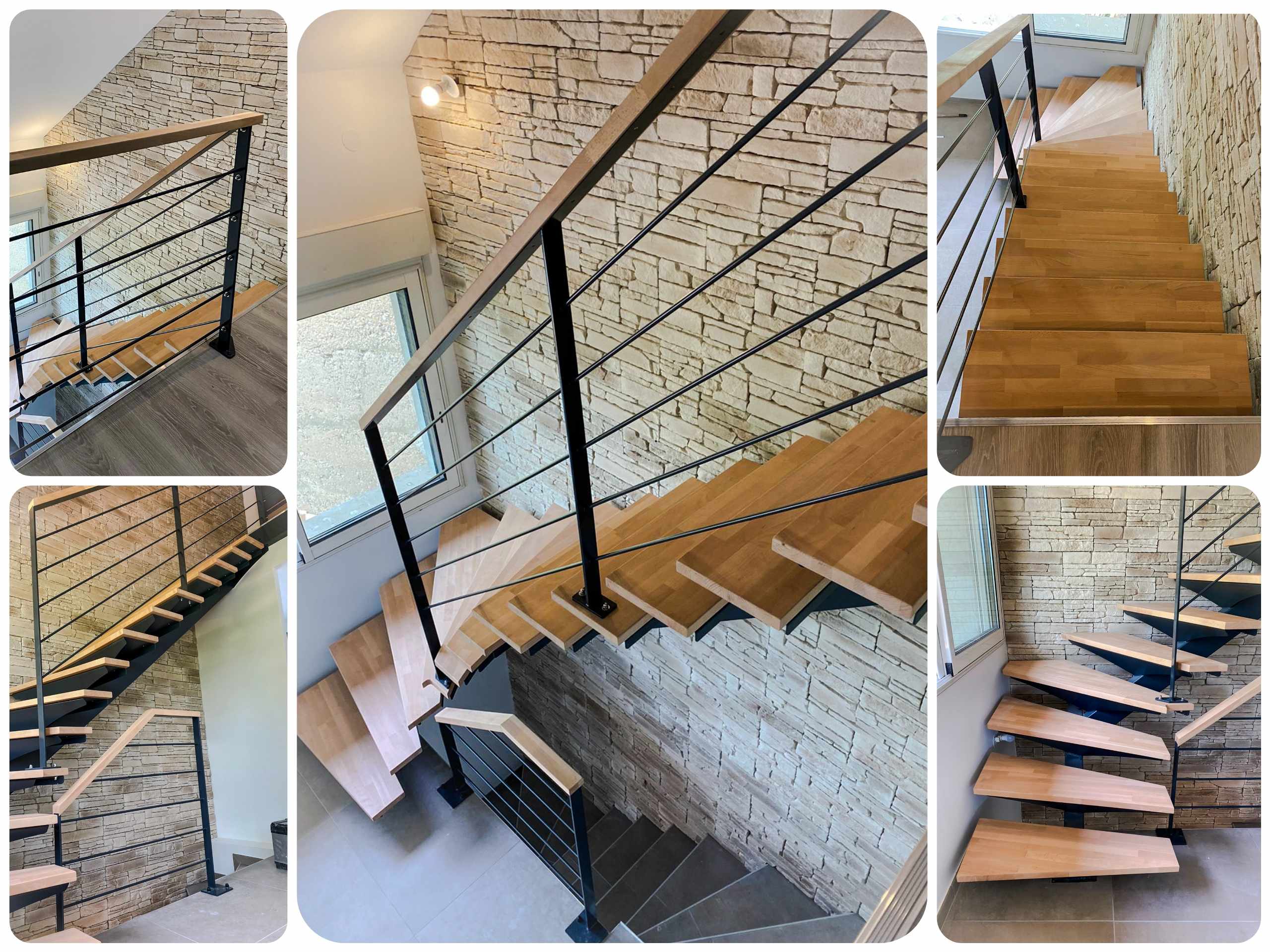 Escalier sur mesure à Grenoble : montage de vues du limon central noir, des marches en bois et des garde-corps.