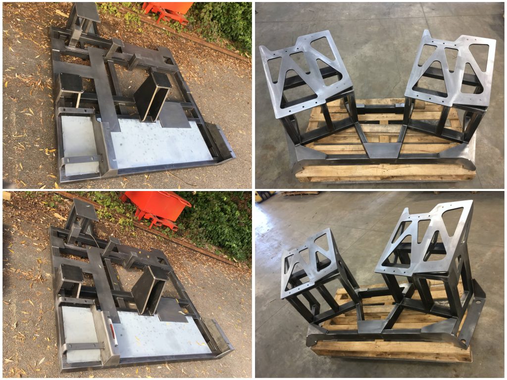 Montage de quatre vues des deux châssis mécano-soudés pour une même machine spéciale, fabriqués par SEROM.