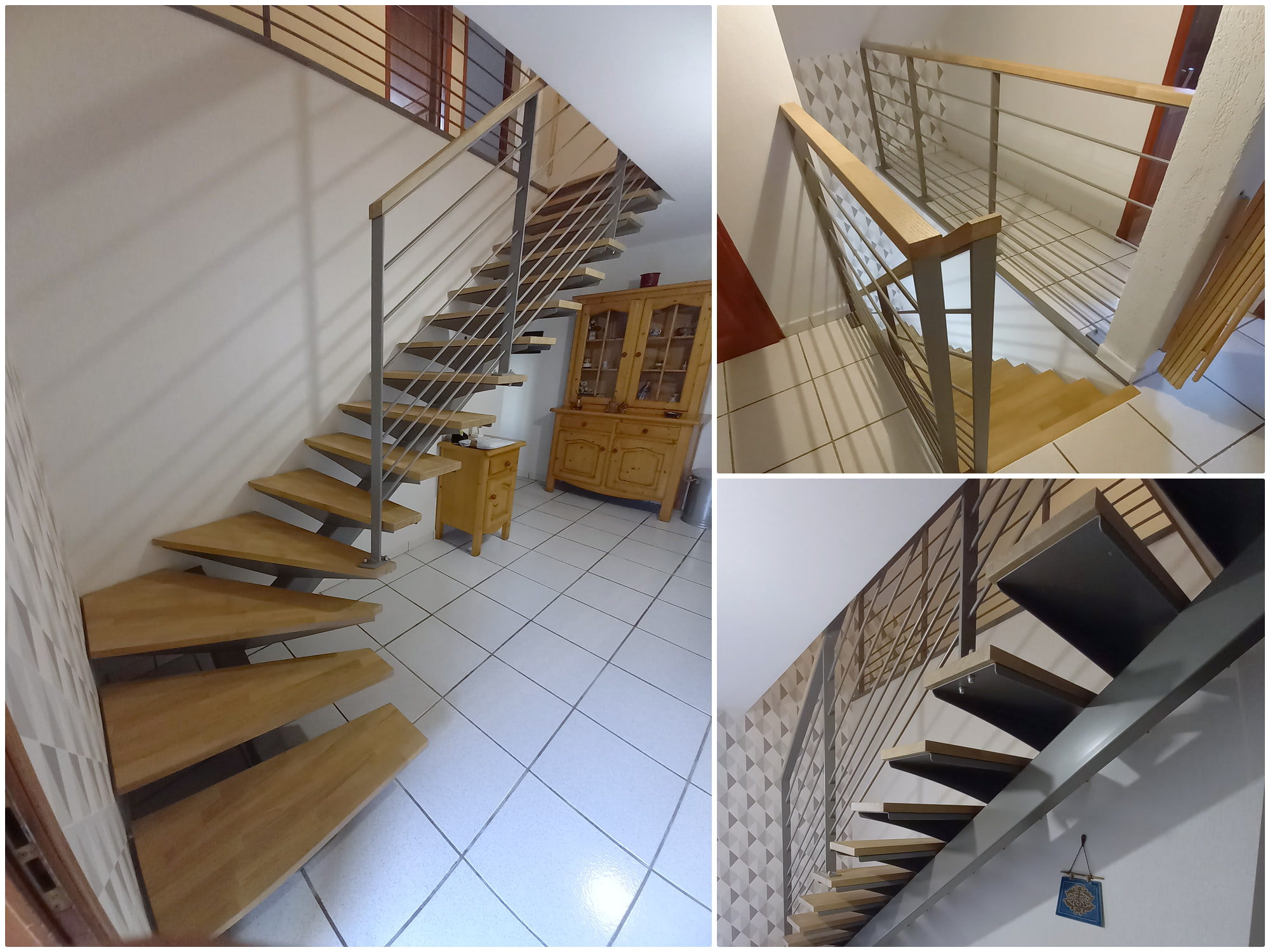 Montage de l’escalier quart tournant à Domène : vue d’ensemble, garde-corps du palier et limon central avec marches en chêne.