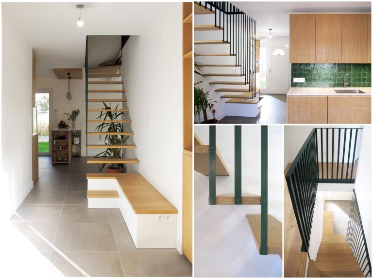 Montage de l'escalier quart tournant sans limon à Saint-Martin-d'Hères : marches en chêne, suspentes et garde-corps de palier.