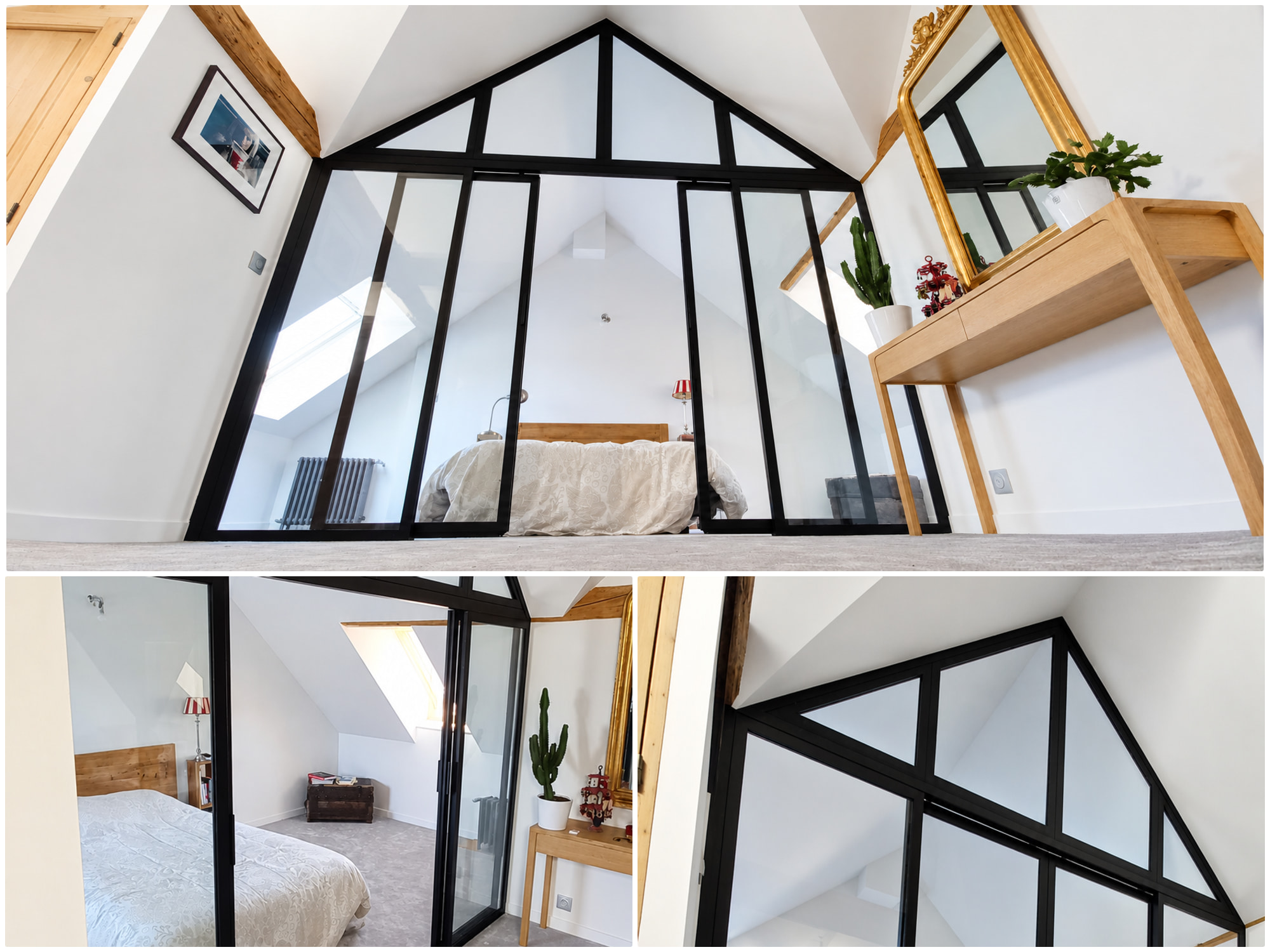 Montage de la verrière coulissante à Saint-Martin-d'Uriage : ensemble en acier noir, portes ouvertes et imposte triangulaire.